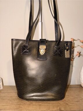 Dooney & Bourke Shoulder Bag Black Perforated Leather Tote with Gold buckle